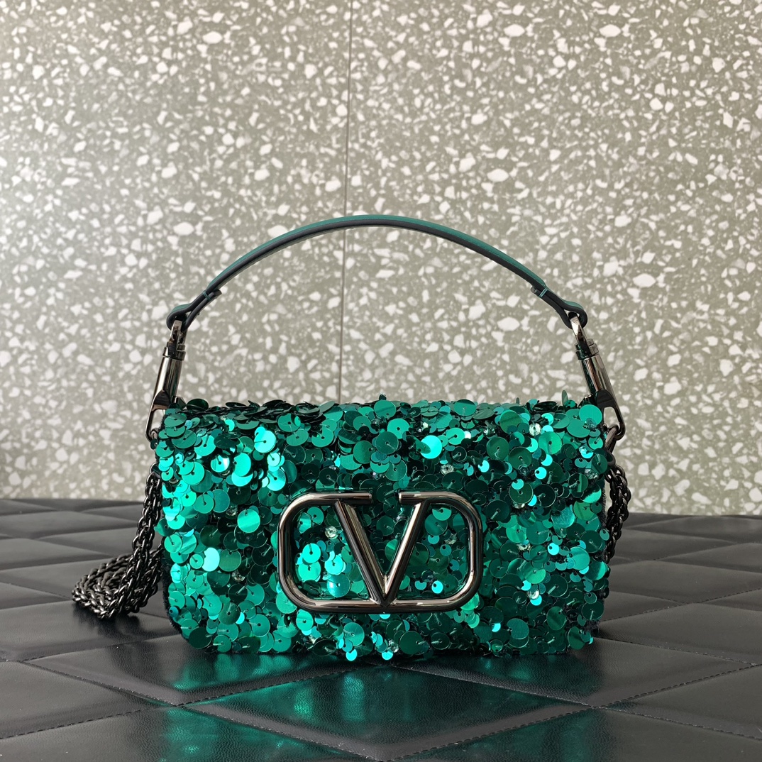 Valentino Garavani Loco Small Embroidered Shoulder Bag with Vert Vertigo Beaded Fringes